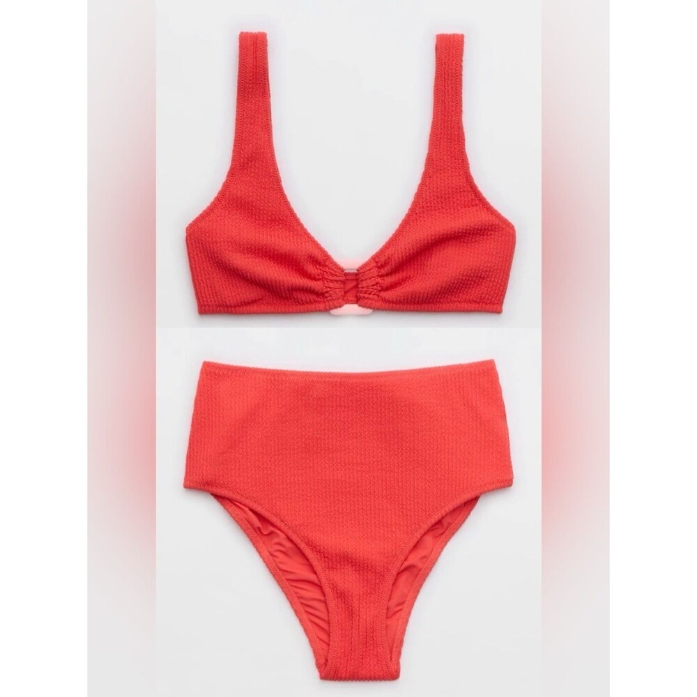 NWT Aerie FULL SET Crinkle Ring Wide Strap Scoop Top + High Waist Bottom Red - S
